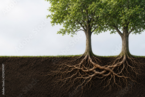 Two mature trees connect through intertwined roots underground. Space for text.