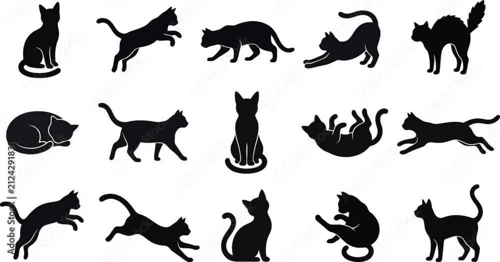 Fototapeta premium Collection of various black cats in different poses and actions for a spooky holiday design theme featuring a distinctive silhouette