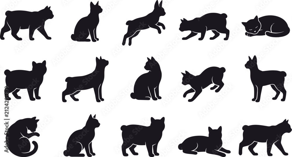 Fototapeta premium Collection of various black cat poses for creative design projects featuring a distinctive and artistic halloween cat themed graphic art silhouette