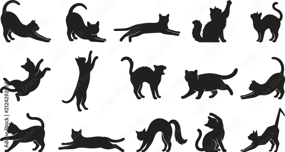 Obraz premium A collection of various playful poses featuring a black halloween cat presented in a distinct and classic flat graphic design silhouette