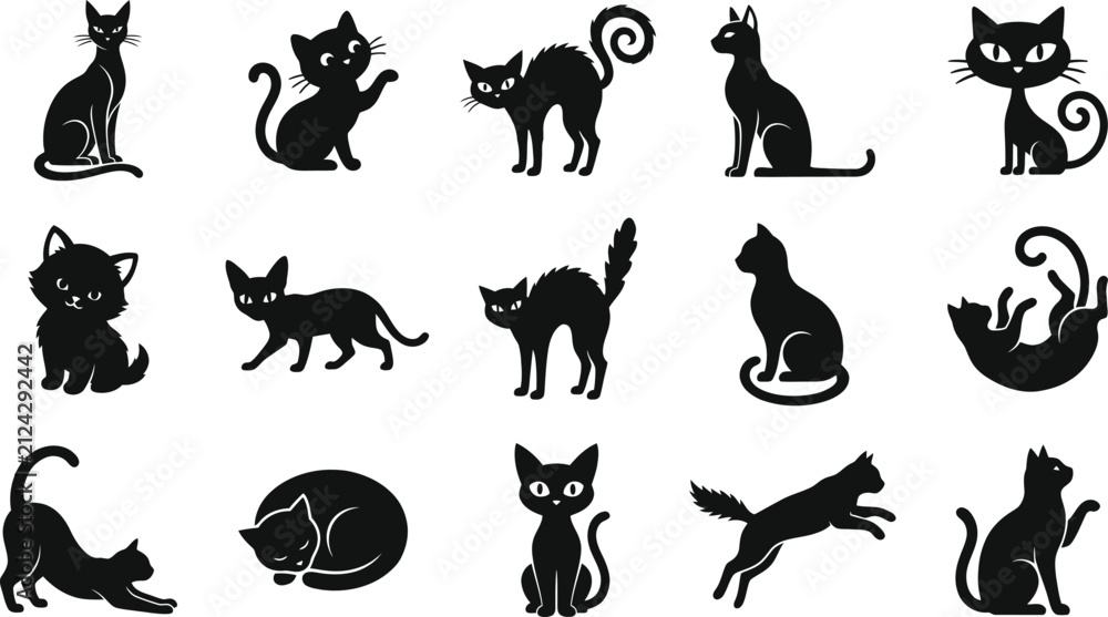 Fototapeta premium A collection of various poses of a spooky halloween cat displayed in a distinct and creative black and white silhouette