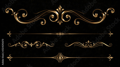 Set of luxury golden decorative elements, vintage dividers, calligraphic borders and flourishes on black background