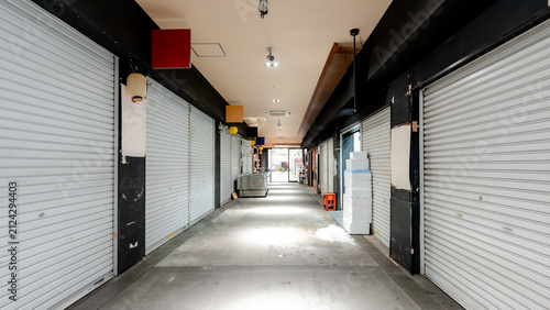 Quiet corridor in Tokyo's Tsukiji Market with closed stalls
