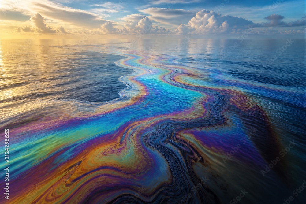 Obraz premium Ocean surface showing rainbow oil slick spreading at sunset