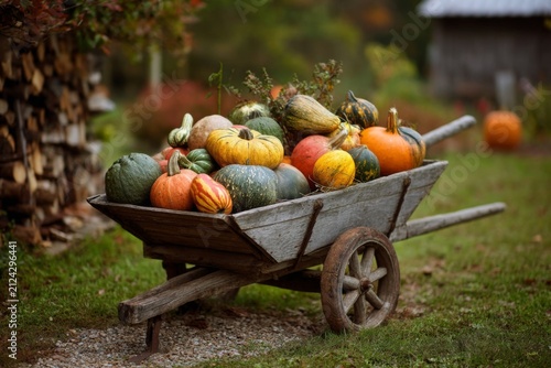 Pumpkins in a wheelbarrow on a sunny day in a garden during the fall season