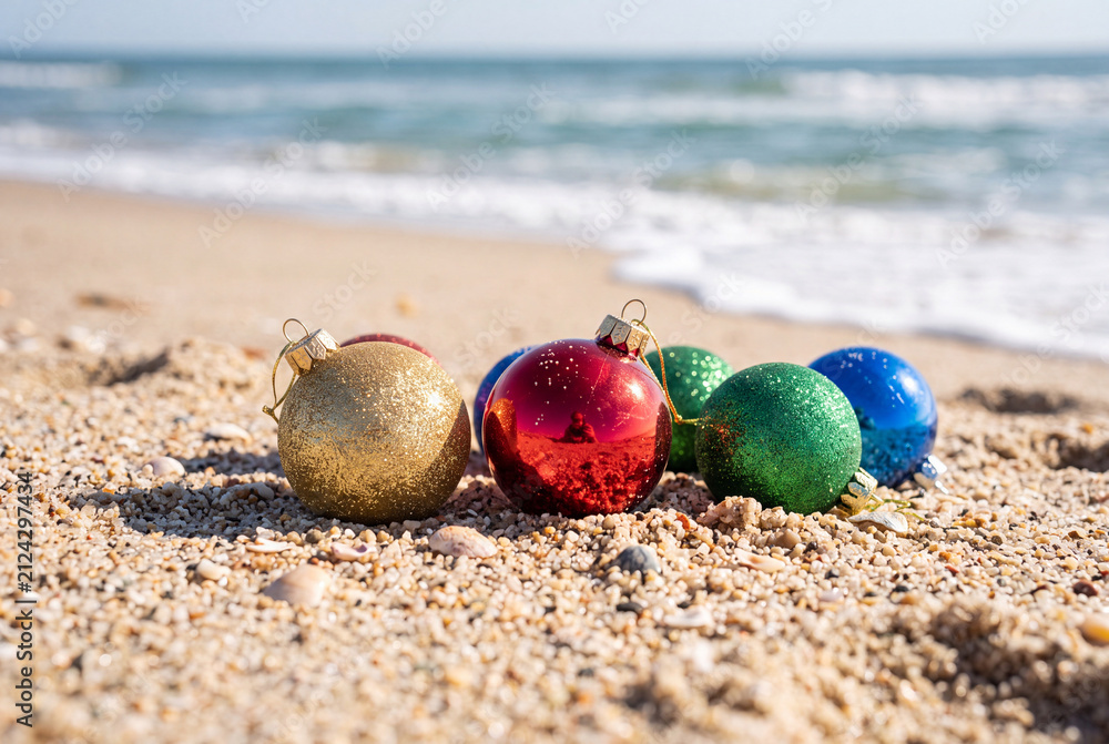 Naklejka premium Colorful christmas baubles on sandy beach shore with ocean waves for summer holiday ornament banner and coastal festive background