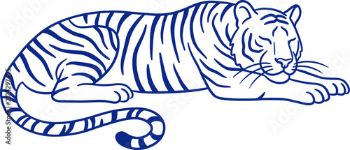 Bild auf Leinwand Minimalist blue outline vector illustration of a majestic wild tiger resting calmly on a plain white background