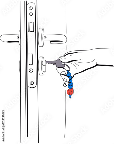 An image is showing door being opened with a key. Vector illustration. Color illustration.