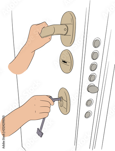 An image is showing door being opened with a key. Vector illustration. Color illustration.