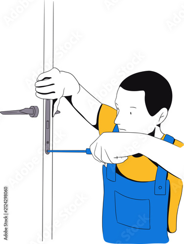 A handyman is installing a lock in a door and tightening everything with a screwdriver. Vector illustration. Color illustration.