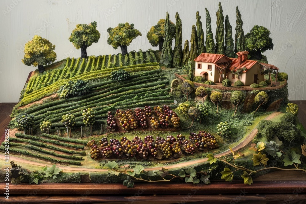 Obraz premium Model of a tuscan landscape showing a farmhouse, vineyards, cypresses and other trees, creating a peaceful rural scene