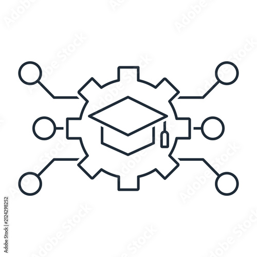  Graduation mortarboard cap inside a gear mechanism connected with network nodes. Perfect for digital education, online training, e-learning platforms, and modern skill development.Vector icon.
