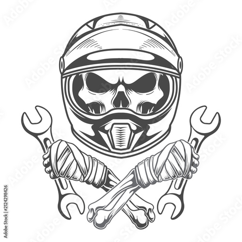 Black and white skull in helmet and wrapped bones with wrenches vector illustration art.