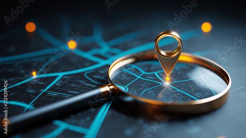A magnifying glass focused on a map pin represents location search and digital navigation services.
