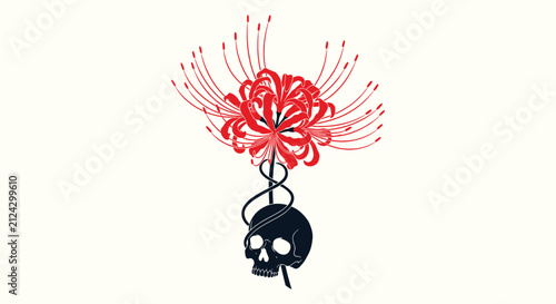 Foto Artistic Red Spider Lily Higanbana Flower Intertwined with a Black Human Skull M