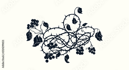 Fotografía Elegant Black Silhouette of Thorny Vines with Wild Berries and Leaves on a Light
