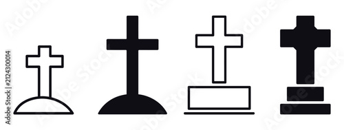 Obraz na plátne Grave Markers Icons: A set of four distinct grave marker icons, featuring crosses in various styles and sizes, representing the solemnity and finality of remembrance