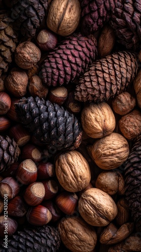 Natural Forest Harvest Texture with Pine Cones Nuts Full Frame