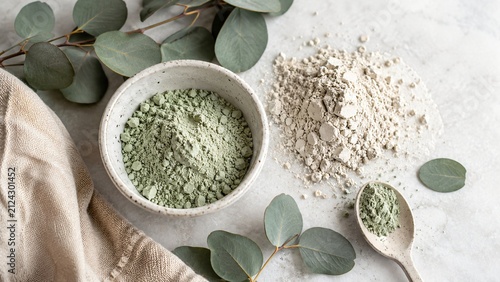 Green cosmetic clay powder in bowl with dry herbal extract and eucalyptus leaf. Natural skincare product for facial mask and body treatment. Organic spa wellness ingredient.