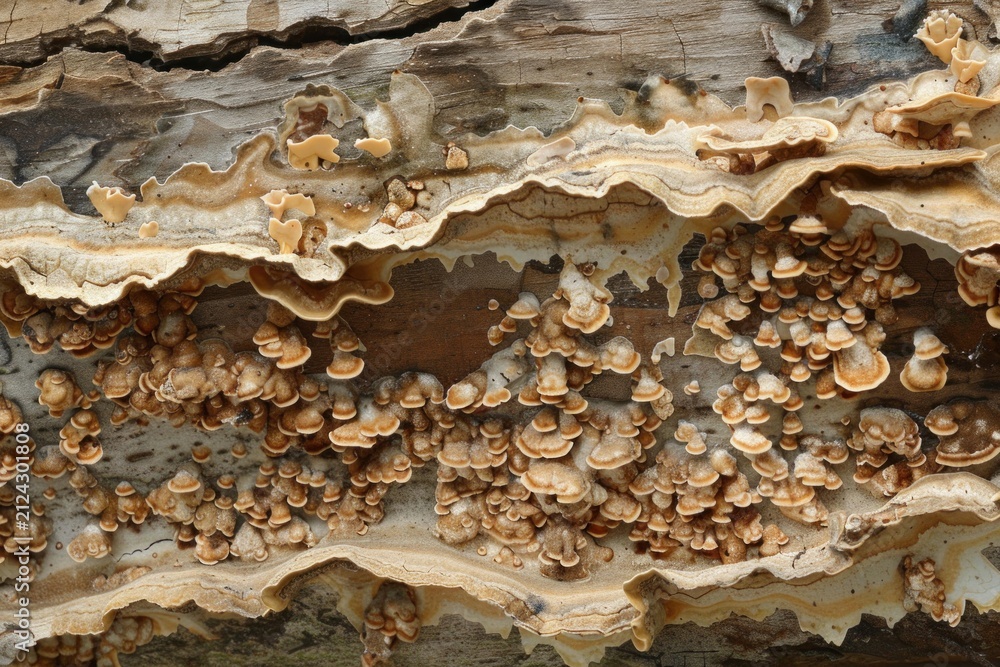 Obraz premium Fungi growing intricately on decayed wood, showcasing natural textures