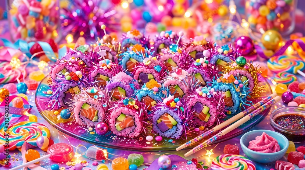 Obraz premium Brightly colored sushi rolls styled with candy in a whimsical presentation. Concept is fusion food, creative cuisine, and colorful party themes, appealing to food and event industries. Generative AI.