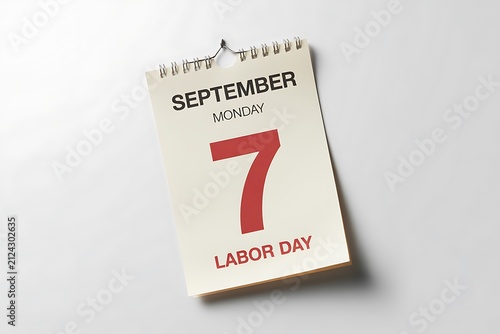 A tear off calendar page showing september 7th as labor day on a clean white background