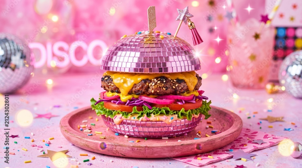 Obraz premium A colorful burger with a disco ball bun on a pink background. Concept for novelty food, party themes, and creative culinary photography. Generative AI.