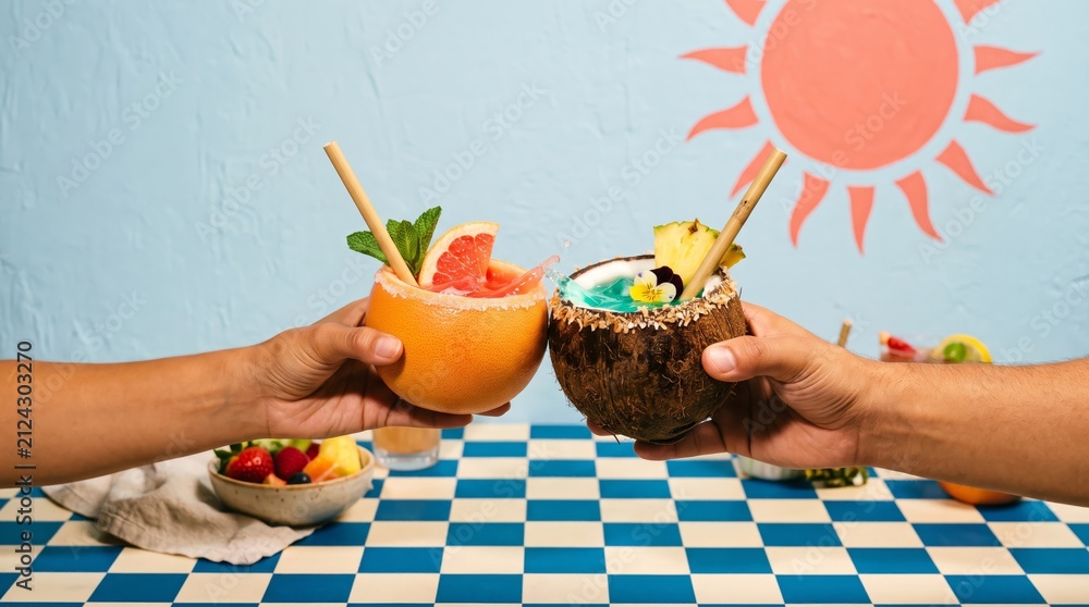 Obraz premium Two hands clink fruit cocktails in a vibrant summer setting. Concept of tropical vacation, refreshing drinks, and celebration, ideal for travel and lifestyle promotions. Generative AI.