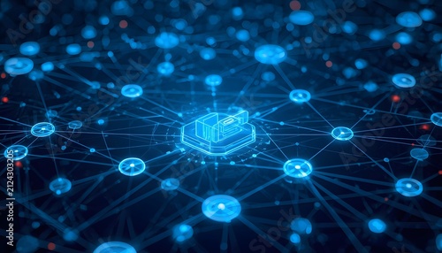 Centralized logistics network hub connected through glowing digital data flow nodes in abstract cybernetic space with interconnected luminous nodes