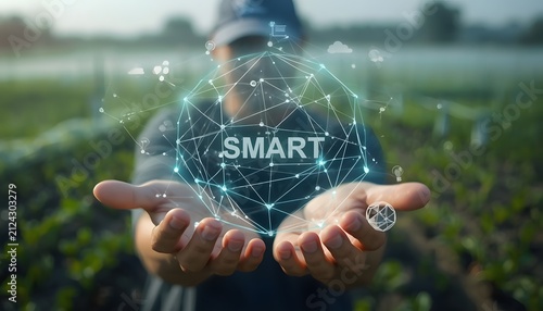Farmer holding glowing digital network sphere representing modern agricultural technology innovation for efficient crop management solutions
