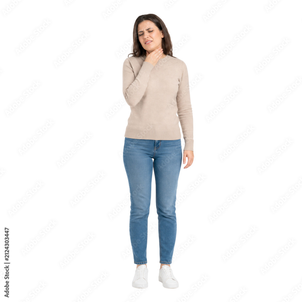 Obraz premium A woman with throbbing pain in her throat touching the neck isolated on transparent background PNG element