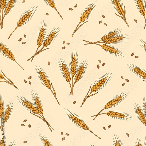 Seamless vector pattern featuring hand-drawn golden wheat ears and grains scattered on a warm beige background, perfect for rustic packaging, bakery branding, and autumn designs.