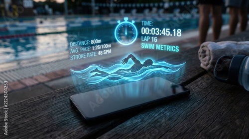 Futuristic Swim Analytics: A smartphone displays a holographic interface with swimming data, including distance, pace, and stroke rate, overlaid on a swimming pool scene.