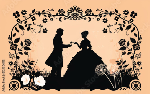 Elegant Victorian Couple Holding Hands Surrounded By Beautiful Floral Border Design