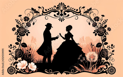 Elegant vintage couple silhouette holding hands surrounded by floral decorative border design