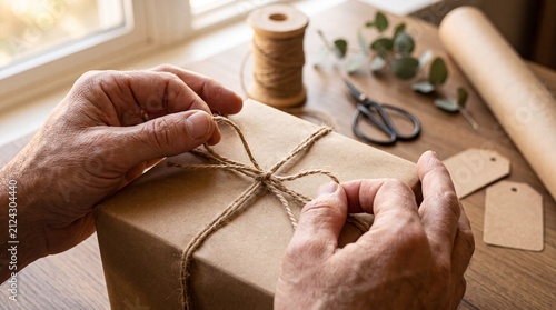 Senior hands tying jute twine bow on kraft gift wrap