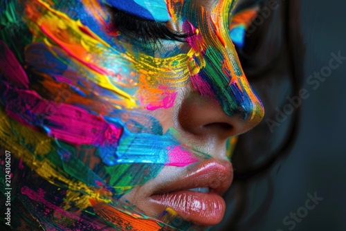 Close up of a woman's face adorned with vibrant strokes of paint, showcasing artistic makeup and creative expression