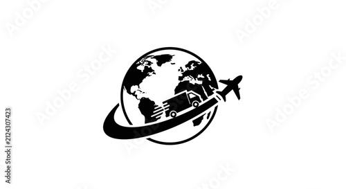 Globe With Truck And Airplane Silhouette On White Background