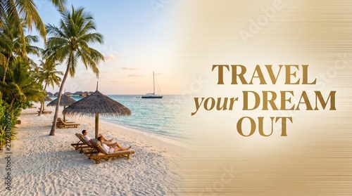 Tropical beach vacation travel poster with palm trees and hammock. Dream destination marketing design for tourism and holiday advertising.