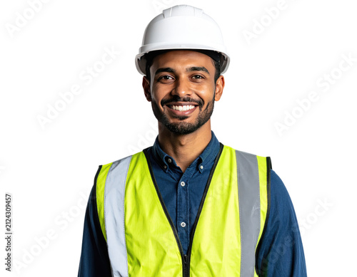 a high quality stock photograph of a male factory worker with a hard hat and safety vest against white background exuding happiness and stylish charm