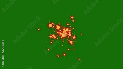 Shining golden glitter particles falling with sparkling stars, bright red glowing animation, seamless festive loop, deep green screen background, elegant 4K visual effects