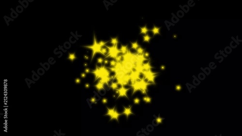 Sparkling yollow glow stars with glitter burst effect, magic fairy dust shine, transparent overlay animation, smooth seamless on black screen background 4K video