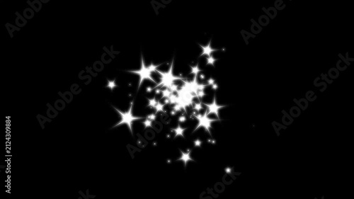 White sparkling stars glitter burst animation, magic fairy dust trail, twinkling glow particles, seamless transition effect on black background, 4K motion graphics overlay