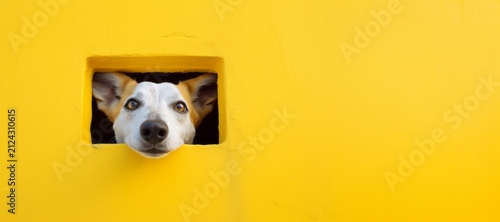 Dog with white and brown fur peeks through a square opening in a vibrant yellow wall, showcasing a playful expression and curious demeanor in a bright environment