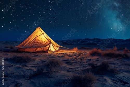 Brightly lit tent stands in a serene desert landscape under a starry night sky, showcasing the beauty of nature and outdoor adventure in a tranquil environment
