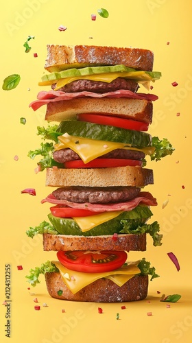 Stacked sandwich with layers of lettuce, tomato, pickles, cheese, and meat, showcasing vibrant colors and textures against a bright yellow background, perfect for food photography