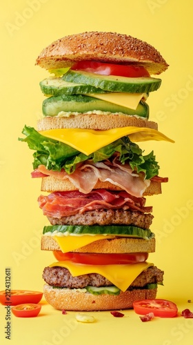 Stacked gourmet burger with layers of fresh vegetables, crispy bacon, melted cheese, and juicy beef patty, presented against a vibrant yellow background for an appetizing visual appeal