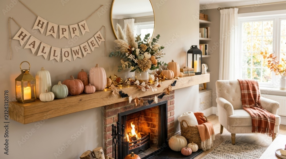 Fototapeta premium Cozy living room decorated for Halloween with pumpkins and a fireplace