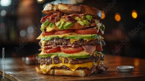 Stacked gourmet burger with layers of beef patties, crispy bacon, fresh vegetables, and melted cheese, served on toasted bread, showcasing indulgent culinary craftsmanship