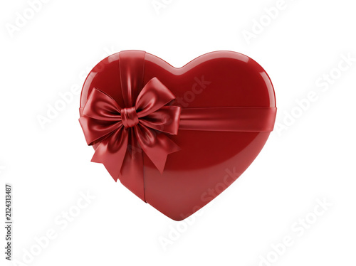 Red heart gift box with ribbon. Romantic present for Valentine Day or anniversary celebration.